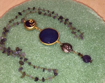 Luxe PURPLE JADE Multi-Pendant Necklace w/24K Gold Plate Settings & Oriental Fretwork on AMETHYST Chip Rosary Chain - Gorgeous!
