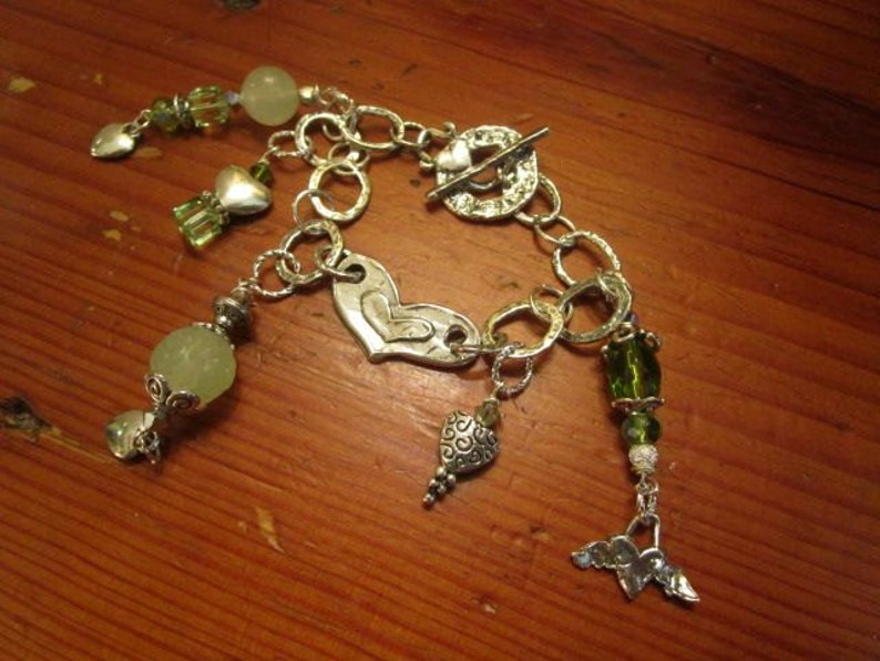 Crystal /& Heart Toggle 5 Dangle Charms of Sterling Carved JADE OOAK Embossed Artisan Sterling Silver Charm Bracelet: Heart Focal PERIDOT