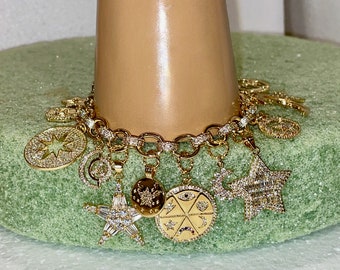 Amazing FOURTEEN (14) 18K Gold Fill, Gold Rhodium & Pave CELESTIAL Charms on 18K Gold Fill and PAVE Link Bracelet w/Cz Lobster Clasp