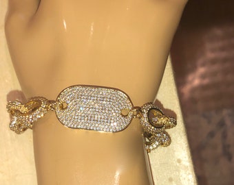 Dazzling CHUNKY, Textured Gold Micro Pave Thick Link Chain Bracelet W/Pave Magnetic Clasp & Scintillating Large Gold DOG TAG Focal