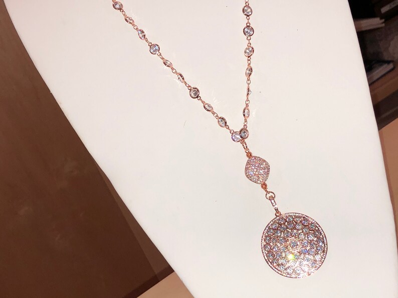 Spectacular ROSE GOLD Micro Pave Domed Pendant /& Large Cz Bead on Long Rose Gold Micro Pave Rosary Chain Sautoir wAB Bezel Set Cz Rounds