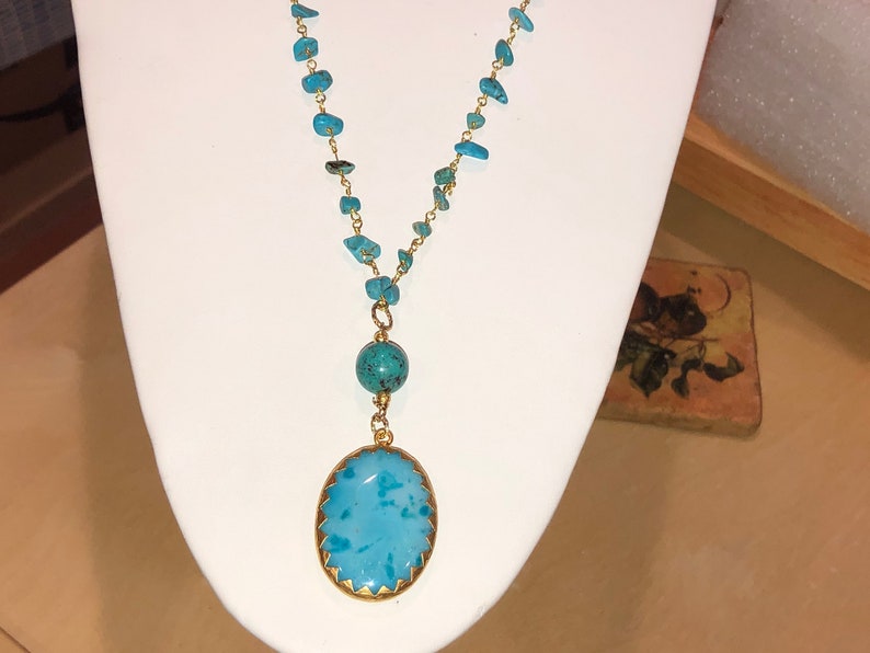 Excellent Superbly Marbled TURQUOISE shops PENDANT Set in Gold w/Large Turquoise Round on Long TURQUOISE Chip/14K Gold Rosary Chain Sautoir