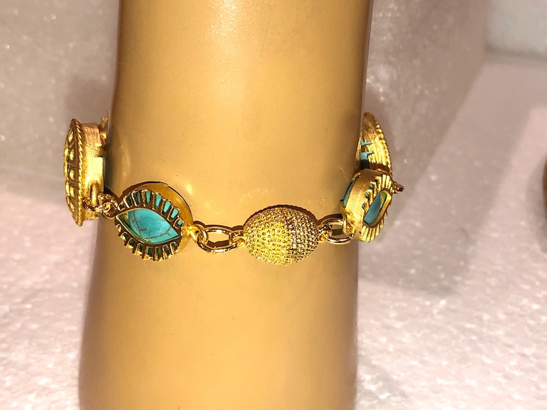 Enticing Genuine TURQUOISE /& 24K Gold Plate 7-Link Oriental FRETWORK Bracelet w5 Lucky Evil Eye Links Textured Gold Magnetic Clasp