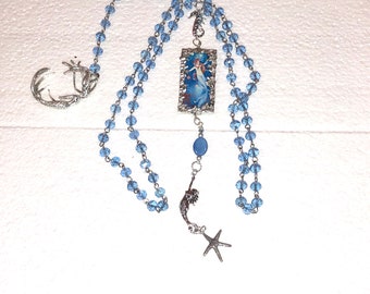 Silver Soldered MERMAID Pendant w/STERLING Mermaid & Starfish, Pave SEAHORSE, Blue Ab Crystal Rosary Chain + Huge Silver Mermaid Dangle