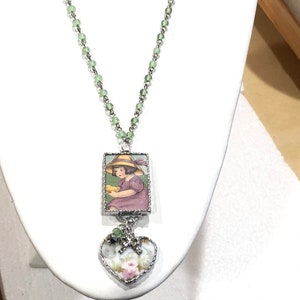 Adorable Vintage Drawing & Floral Broken China HEART Pendants SOLDERED in Silver on Vtg. CZECH Green Glass Rosary Chain w/Swarovski Crystals