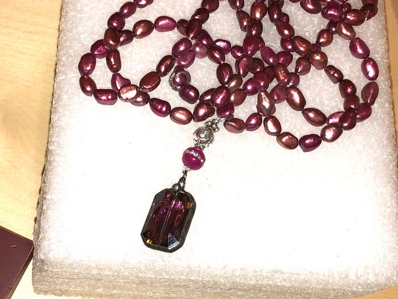 STERLING /& Pink Jade Necklace Burgundy Faceted Crystal Pendant Decadent 52 Long Genuine BURGUNDY PEARL Hand-Knot Sautoir wHand Soldered
