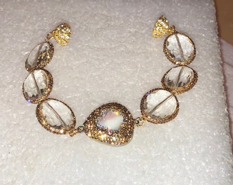 AAA Quality Bracelet: 6 Mega Faceted CRYSTAL Links w/Gold Micro Pave Border, MOP Foci w/Thick Gold Micro Pave, Pave Gold Magnetic Clasp