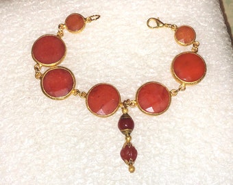 Richly Colored 24K GOLD Plate, 7-Link, Genuine CARNELIAN Bracelet w/Artisan Tibetan CARNELIAN Stone & Vintage Carved Carnelian Charm