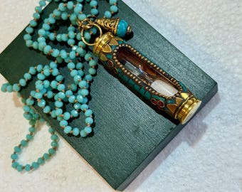Handmade TIBETAN Turquoise, Brass & Coral HOUR GLASS Pendant w/Turquoise Drop w/Etched Brass Bead Cap on Light Turquoise Hand Knot Chain