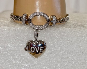 Stunning Silver Rhodium CUBAN Link Bracelet w/Extender and Oval Micro Pave Foci, Silver HEART LOCKET Pendant and Pave "Love" Charm & Clasp