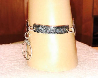 All STERLING Silver 7 1/2" Long PEACE Bracelet w/"Peace" Focal, 2 Large Sterling PEACE Links, Peace Dangle, Sterling Links, Toggle Clasp,