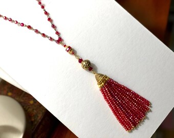 Shimmering AB Red Faceted Crystal Rosary Chain w/Red JADE Bead, Carved Vtg. TIBETAN Round, Multiple Strand Ab Red Crystal Tassel Necklace