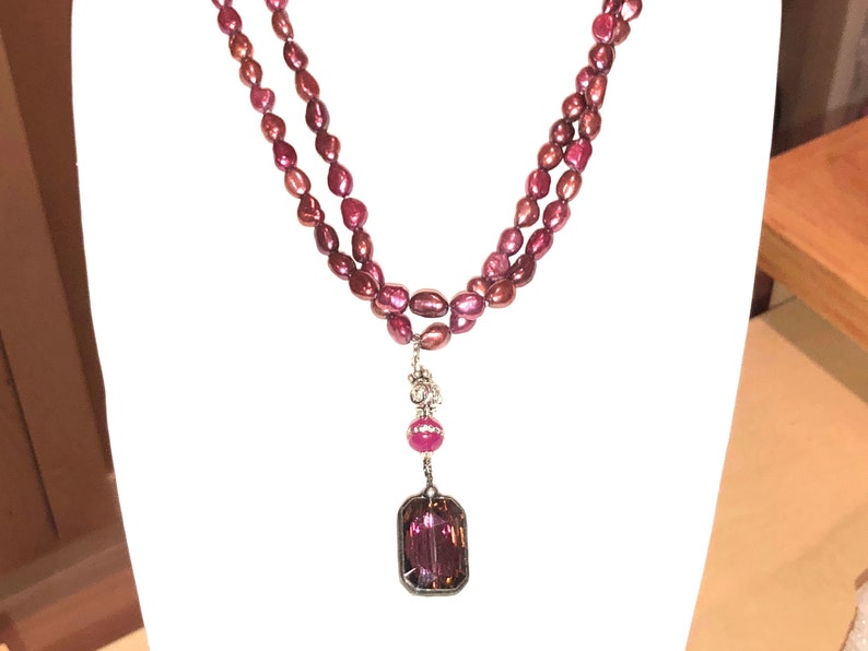 STERLING /& Pink Jade Necklace Burgundy Faceted Crystal Pendant Decadent 52 Long Genuine BURGUNDY PEARL Hand-Knot Sautoir wHand Soldered