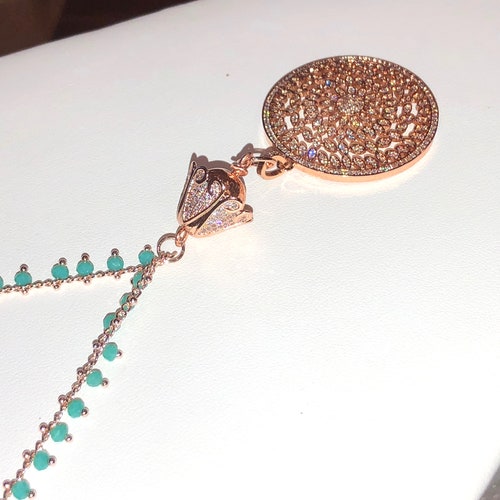 Spellbinding Deco Large Filigree ROSE GOLD Micro Pave Pendant on Turquoise CHALCEDONY/Rose Gold Long shops Sautoir Necklace w/Micro Pave Bead Cap