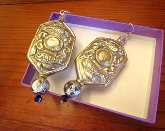 Jaw Droppers: Large Tibetan REPOUSSE STERLING Silver, Silver Foiled, Genuine AMETHYST, Czech Amethyst Crystals Vintage Dangle/Drop Earrings