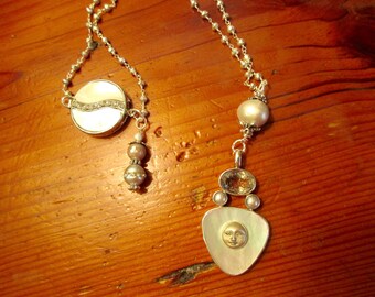 Sterling Carved Moon Face, MOTHER of PEARL, Silver Pearls, Rutiliated Quartz, Pendant on Silver Pyrite Rosary Chain w/MOP/Rhinestone Clasp