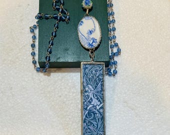Vtg. Silver Soldered Blue & White China Pendant + Illustration BIRD + FAIRY Pendant on Vtg (1930's) Blue Glass CZECH Rosary Chain. 3 Dangles
