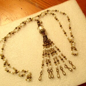 Vintage Lass: Big Genuine Freshwater AAA White PEARL Pendant w/Brass Filigree/Pearl and Brass TASSEL on Vtg. 1940&#39;s Pearl/Brass Rosary Chain