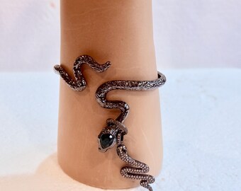Unique, Lovely Black Rhodium Textured SNAKE BANGLE/CUFF Bracelet w/Black Rhodium Micro Pave Snake Pendant - Adjustable!