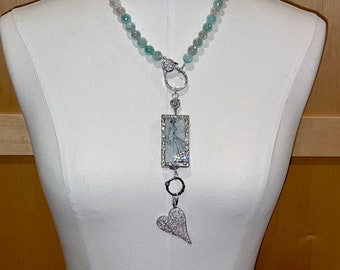AQUA BLUE Agate Beaded Necklace W/Silver Rhodium Micro Pave Cz Clasp, Hand Soldered BRIDE Pendant + Pave Cz Silver Heart Pendant, Sterling
