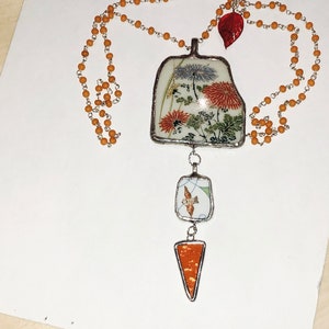 Vtg. CARNELIAN Rosary Chain w/Leaf Drop + 2 Silver Hand Soldered Vtg. Broken CHINA Pendants: Scene & BIRD + Soldered Orange Stained Glass