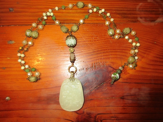 Hand Carved White JADE Flying BIRDS & Flower Blossoms Pendant/Amulet on Jade/JADEITE Rosary Chain w/Jade, Baroque Glass Pearl Accents