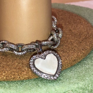 Gorgeous Chunky SILVER Rhodium All Micro Pave Thick Link Chain Bracelet W/Cz Heart Carabiner Clasp, Pave Mother of Pearl (MOP) HEART Pendant