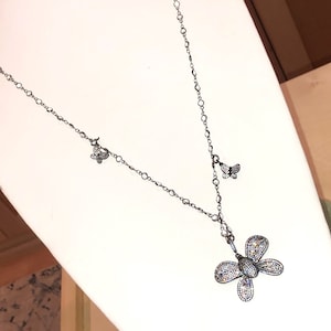 Super Clear CRYSTAL Bezel Set Gunmetal Rosary Chain w/Black-Silver Pave BUTTERFLY Clasp, BUTTERFLY Pendant: 5 Micro Pave Butterfly Charms