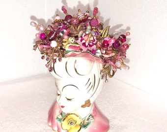 VIVIENNE: Sublime Pinks! LEFTON Signed Hand Painted Porcelain Occupied Japan LADY Head Vase. Over 40 Handmade Flowers & Hand Set Rhinestones