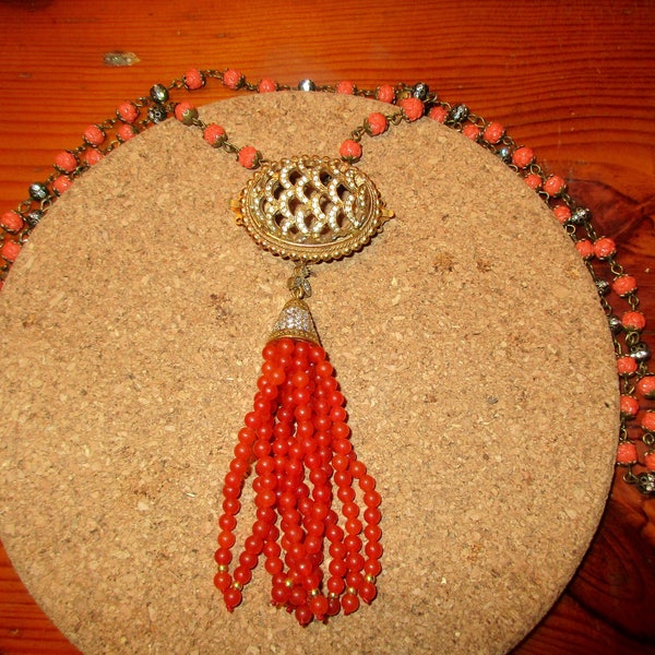 Regal Genuine CARNELIAN TASSEL Necklace w/22K Gold & Micro Pave Bead Cap, Vtg. Gold/Pave Pendant (Pin), CORAL and Rhinestone Rosary Chain