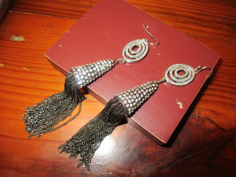 Opulent 4 34 Long Hematite TASSEL Pierced Earrings Circle of Life 3-Ring Domed SILVER Micro Pave FociSILVER Pave Encrusted Tassel Cap