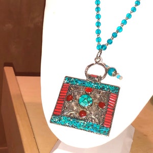 Divine Inlaid Authentic Tibetan CORAL & TURQUOISE Silver Repousse Pendant on Turquoise Glass Rosary Chain w/Turquoise/Sterling Tibetan Bead