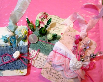 3 Retro Fab Stick, Gift, Corsage, Hat, Party, Trinket Decorated Sewing PINS, BUTTON, Shabby Chic Fabric Printed TAGS/Cards - Gorgeous