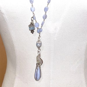Dreamy BLUE LACE AGATE/Sterling Silver Long Hand Wired Pendant on Blue Lace Agate Rosary Chain Necklace & Blue Lace Agate/Sterling Drops.