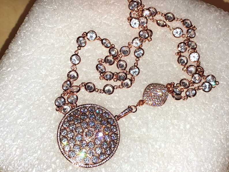 Spectacular ROSE GOLD Micro Pave Domed Pendant /& Large Cz Bead on Long Rose Gold Micro Pave Rosary Chain Sautoir wAB Bezel Set Cz Rounds
