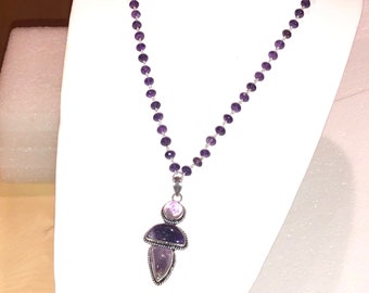 Superb 3 1/4" AMETHYST PENDANT Set in Roped STERLING Silver on Faceted Amethyst & Sterling Rondelle Rosary Chain Necklace