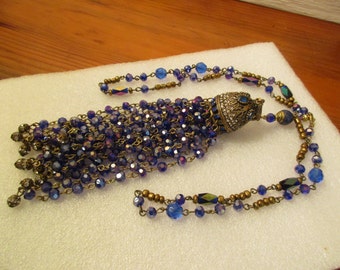 Lavish SAPPHIRE TASSEL Necklace w/Luxe Filigree, Sapphire, Antique Gold & Crystal Bead Cap on SAPPHIRE Crystal/Brass Rosary Chain