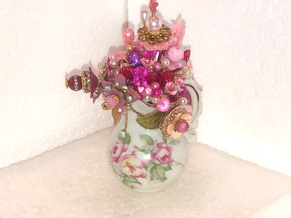 Stunning, Signed Made in JAPAN 1940's Vintage Porcelain CREAMER/Vase, Hand Painted, Hand Set Rhinestones &  A 20 Handmade Flower BOUQUET