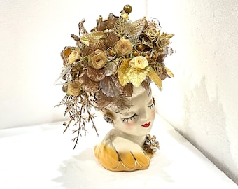 JULIETTE: Stunning Peach & Gold Vtg. Occupied JAPAN Lady Head Vase w/>70 Handmade Flowers + Leaves, Rare Venetian Glass, Lame, More