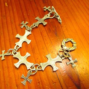 Elegant All STERLING Silver Artisan Etched CROSS/CRUCIFIX w/5 Cross Charms & Wrapped Silver Toggle Link Rustic Artisan Bracelet