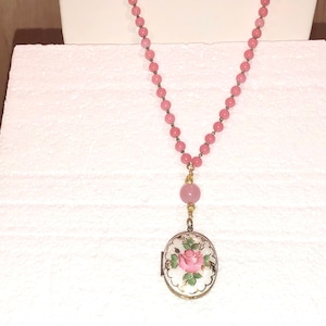 Fine Large, Vtg.Hand Painted GUILLOCHE Enamel Photo LOCKET Set in Etched Gold Plate on Pink JADE Rosary Chain w/Rose Quartz Accents