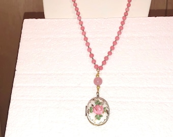 Fine Large, Vtg.Hand Painted GUILLOCHE Enamel Photo LOCKET Set in Etched Gold Plate on Pink JADE Rosary Chain w/Rose Quartz Accents