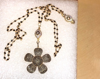 Gold Large Domed FLOWER Pendant w/Micro Pave CZ Crystals on Gold Cz Rosary Chain SAUTOIR w/Black Crystals & 2 Black/Gold Micro Pave Beads