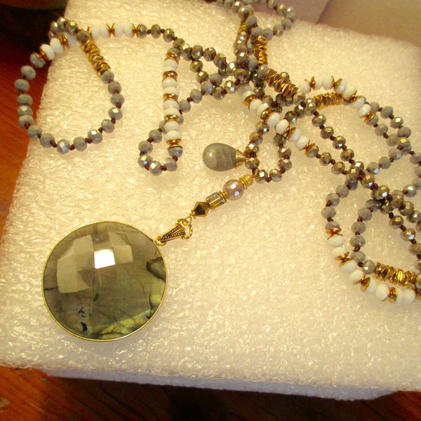 Exquisite, Domed AAA Quality Bezel-Set LABRADORITE Blue Flash PENDANT & Charm on Vermeil, Opal, Hematite 60" Necklace: Wrap 1, 2, 3 Times