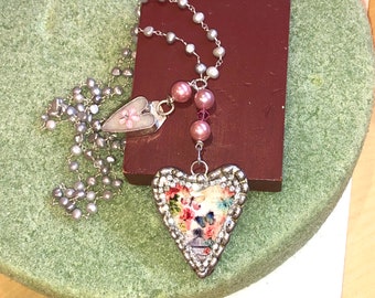 Lovely STERLING Soldered HEART Pendant on Genuine Silver PEARL Rosary Chain w/White Soldered Heart, Swarovski Crystals, Pink Mother of Pearl