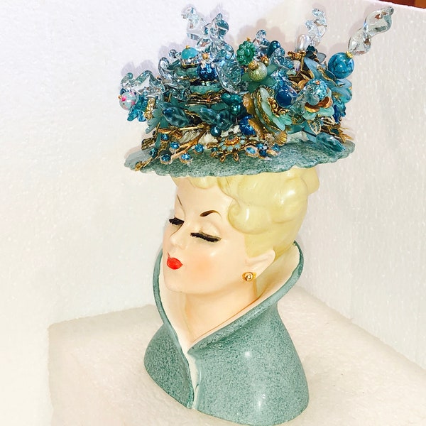 ELOISE: Fantastic Signed/Numbered 1959 NAPCO Japan Hand Painted Aqua/Gold LADY Head w/Hand-Set Rhinestones & An > 55 Handmade floral Bouquet