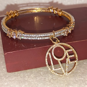Superb Gold RHODIUM Micro Pave & BAGUETTE Rhinestones Bangle Bracelet W/A Stunning Gold Rhodium, Micro Pave &quot;LOVE&quot;  Pendant