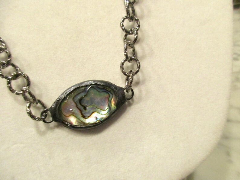 Sparkling Gunmetal Curb Chain Necklace wBreathtaking Luxurious Diamond-Cut OOAK Mother of PearlABALONE Hand-Soldered Pendant Chunky