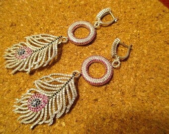 Glam OOAK 4" Long SILVER Rhodium Micro Pave Cz Pierced Earrings: FEATHER w/Black/Fuchsia Accents, Fuchsia/Silver Connector, Micro Pave Wire