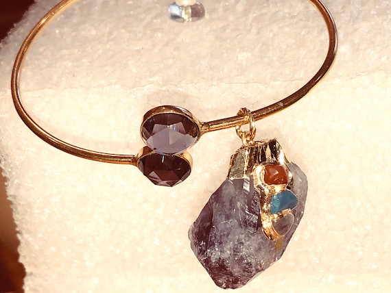 Lush 18K Gold Plate Over Sterling Adjust. Bangle W/amethyst CHAKRA 